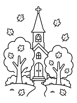 Free printable Chapel With Falling Autumn Leaves coloring page