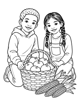 A sunday school thanksgiving coloring page showing two children kneeling beside a basket of apples and corn.