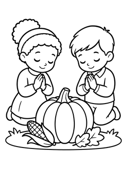Free printable Children Praying Over Harvest Pumpkin coloring page
