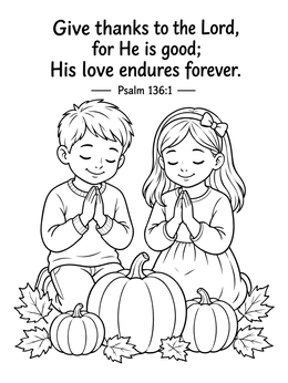 Free printable Children Praying With Thanksgiving Pumpkins coloring page