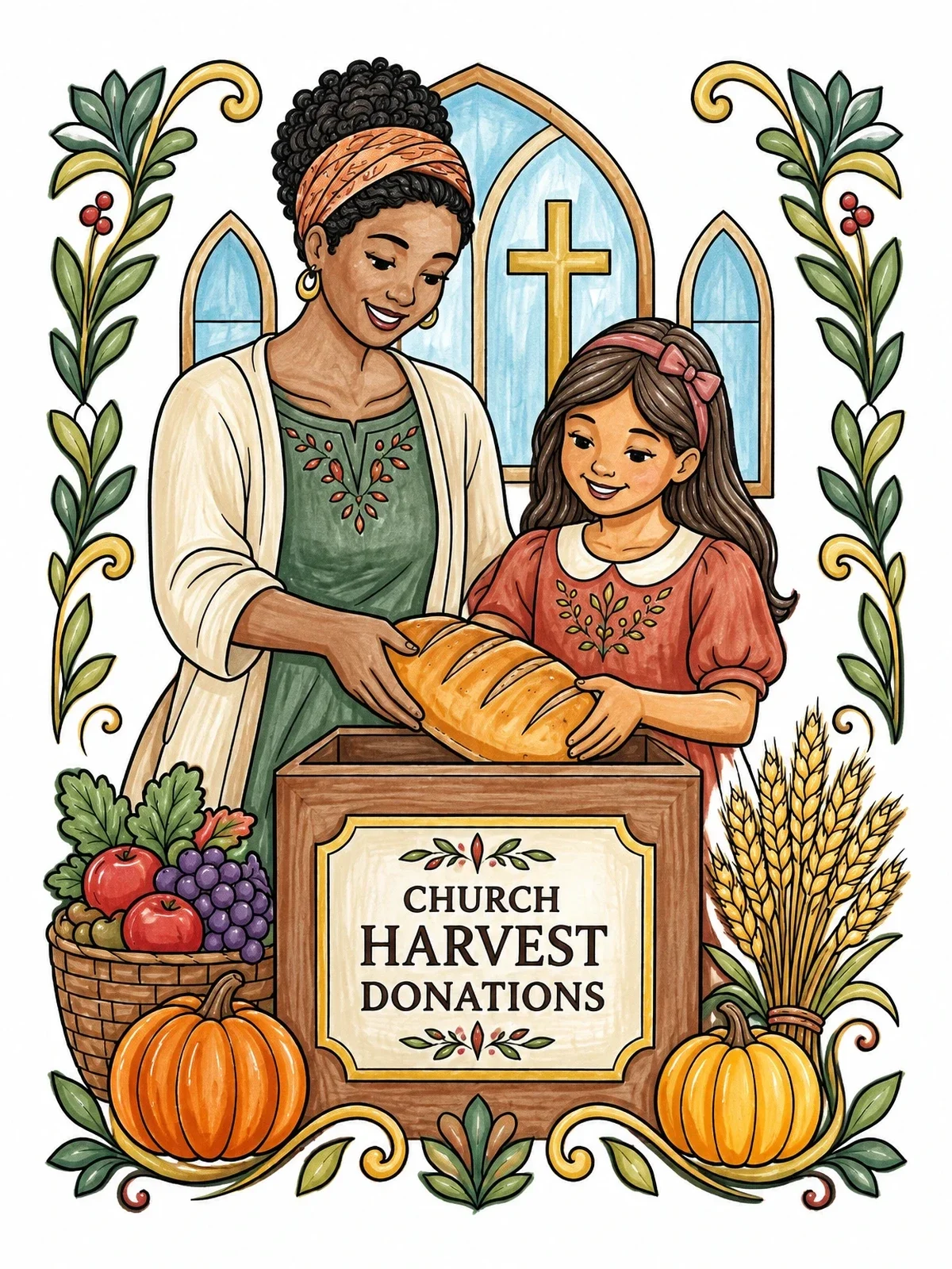 Colored example of the Church Harvest Donation With Bread coloring page