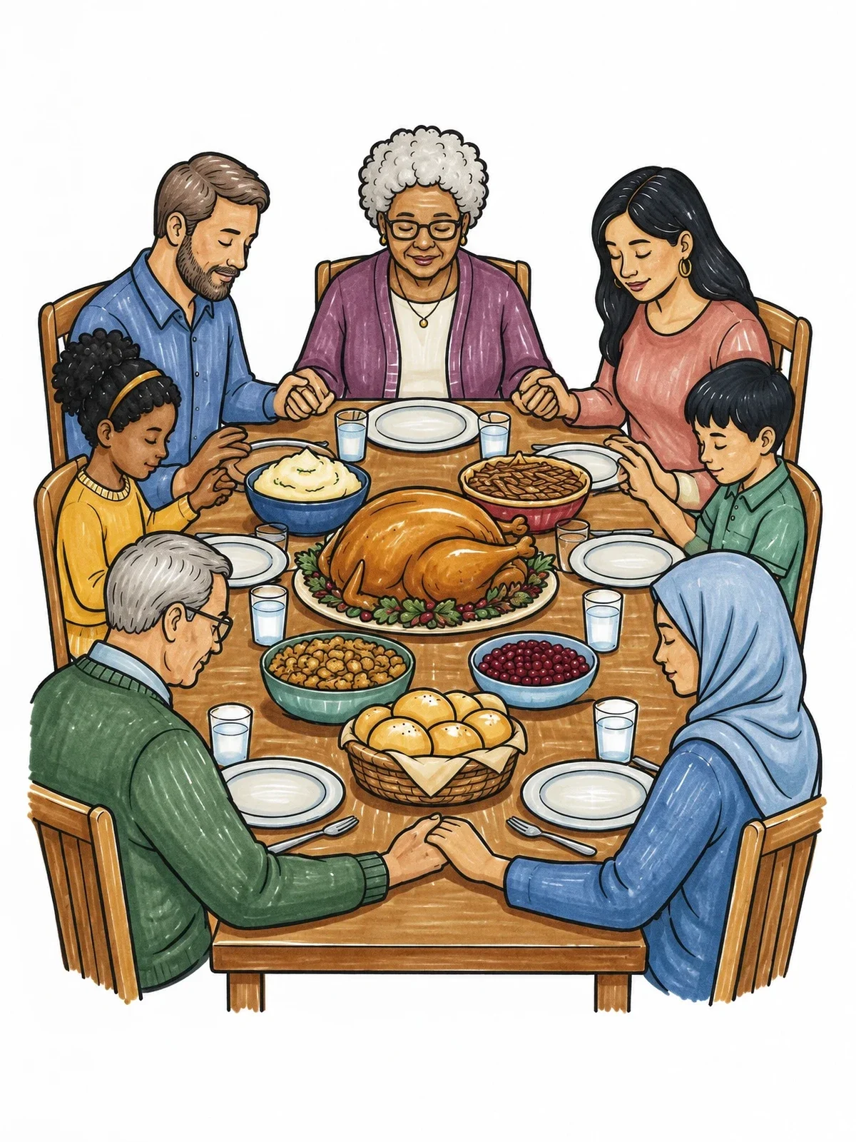 Colored example of the Family Thanksgiving Grace At The Table coloring page