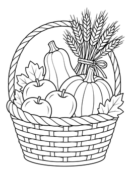 A harvest basket with squash, apples, and wheat makes a lovely sunday school thanksgiving coloring page.