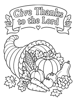 Free printable Harvest Cornucopia Give Thanks Banner coloring page