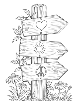 A rustic sunday school thanksgiving coloring page showing wooden signs with heart, sun, and peace symbols.