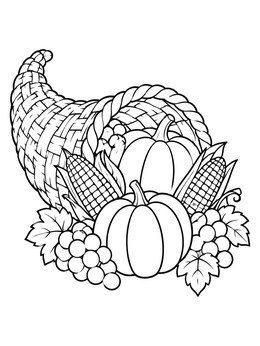 Free printable Thanksgiving Cornucopia With Autumn Harvest coloring page