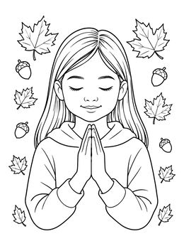 A young girl prays surrounded by autumn leaves on this sunday school thanksgiving coloring page.