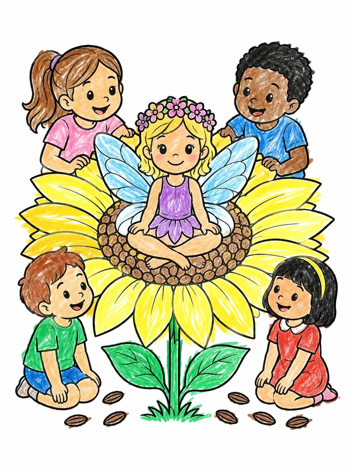 Colored example of the Sunflower Fairy And Cheerful Friends coloring page