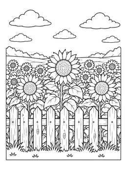 A peaceful sunflower coloring page showing blooms behind a rustic wooden fence.