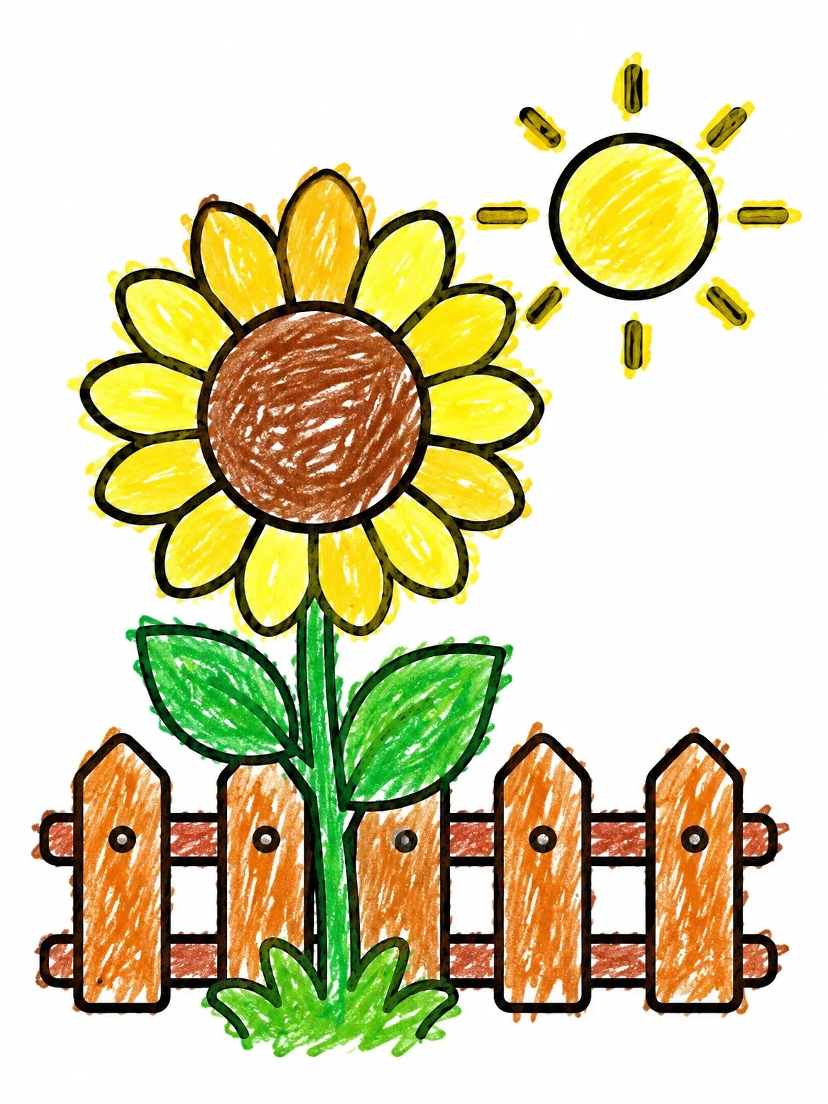Colored example of the Sunflower By The Garden Fence coloring page