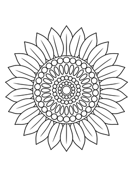 A sunflower coloring page displaying a symmetrical mandala design with radiating petals and patterned seed rings.