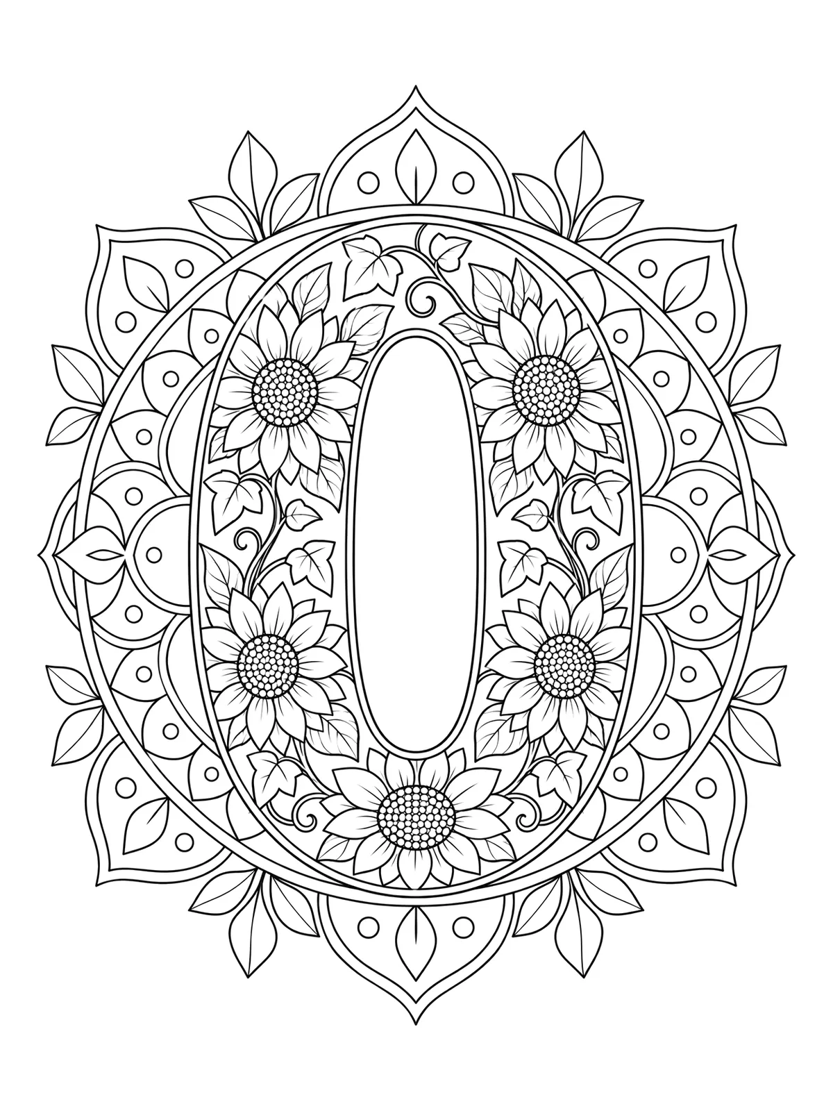 Sunflower Mandala Number Zero – Number 0 Coloring Page