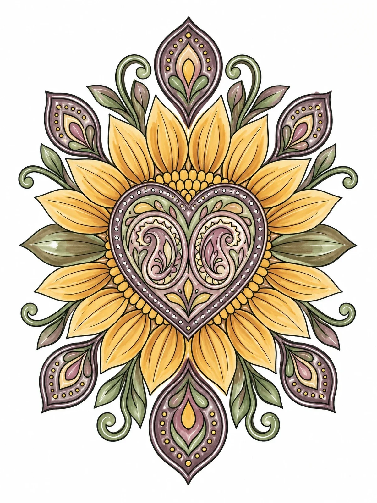 Colored example of the Sunflower Mandala With Paisley Heart coloring page