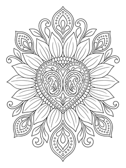 An ornate paisley heart coloring page set within a blooming sunflower mandala.