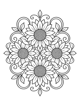 A symmetrical sunflower coloring page featuring four blooming sunflowers and elegant leafy swirls.