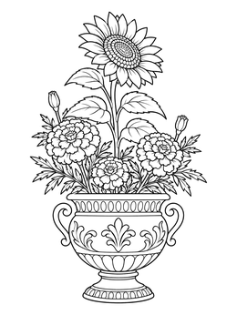 A detailed flower pot coloring page featuring a sunflower and marigolds in an ornate urn.