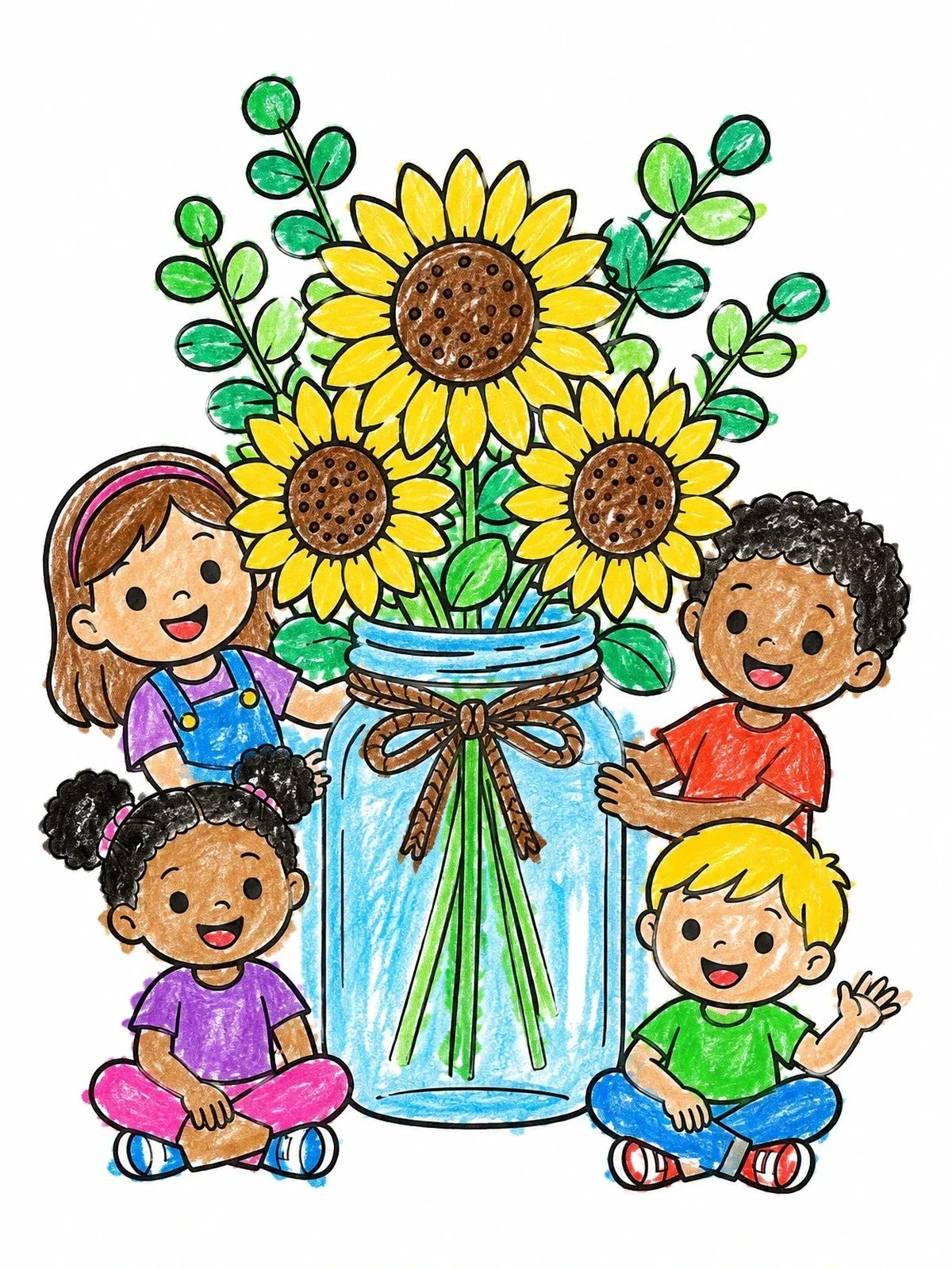 Colored example of the Sunflower Mason Jar With Happy Children coloring page