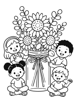 Kids sitting around a big sunflower mason jar coloring page.