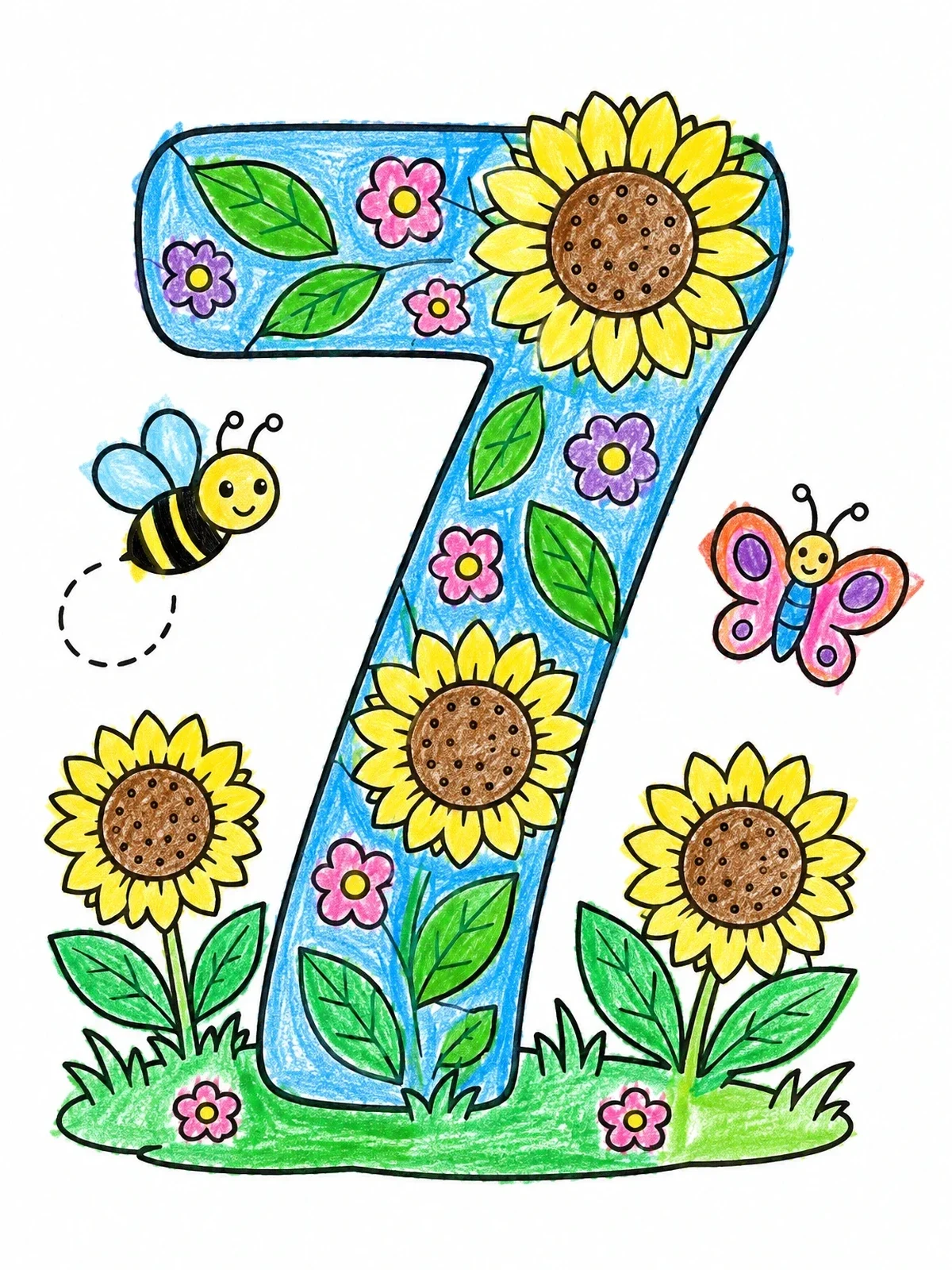 Colored example of the Sunflower Number Seven With Bee coloring page
