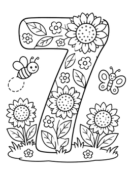 Free printable Sunflower Number Seven With Bee coloring page