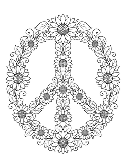 A floral peace sign coloring page formed with blooming sunflowers, curled tendrils, and leaves.