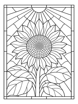 A blooming sunflower featured in a vibrant stained glass coloring page design.