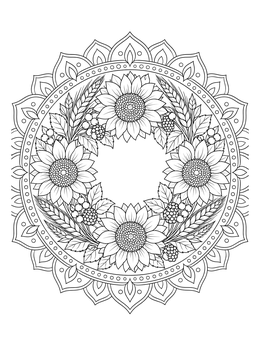Intricate sunflower coloring page featuring a harvest wreath with wheat and berries.