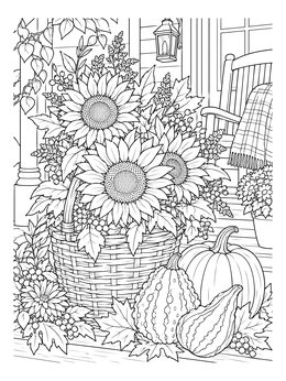 Rustic porch display with sunflowers in this sunflower coloring page.