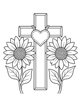 A cross and heart coloring page featuring two blooming sunflowers beside a stitched heart.