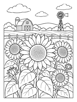 A detailed sunflower coloring page featuring big blooms with a barn and windmill in the background.