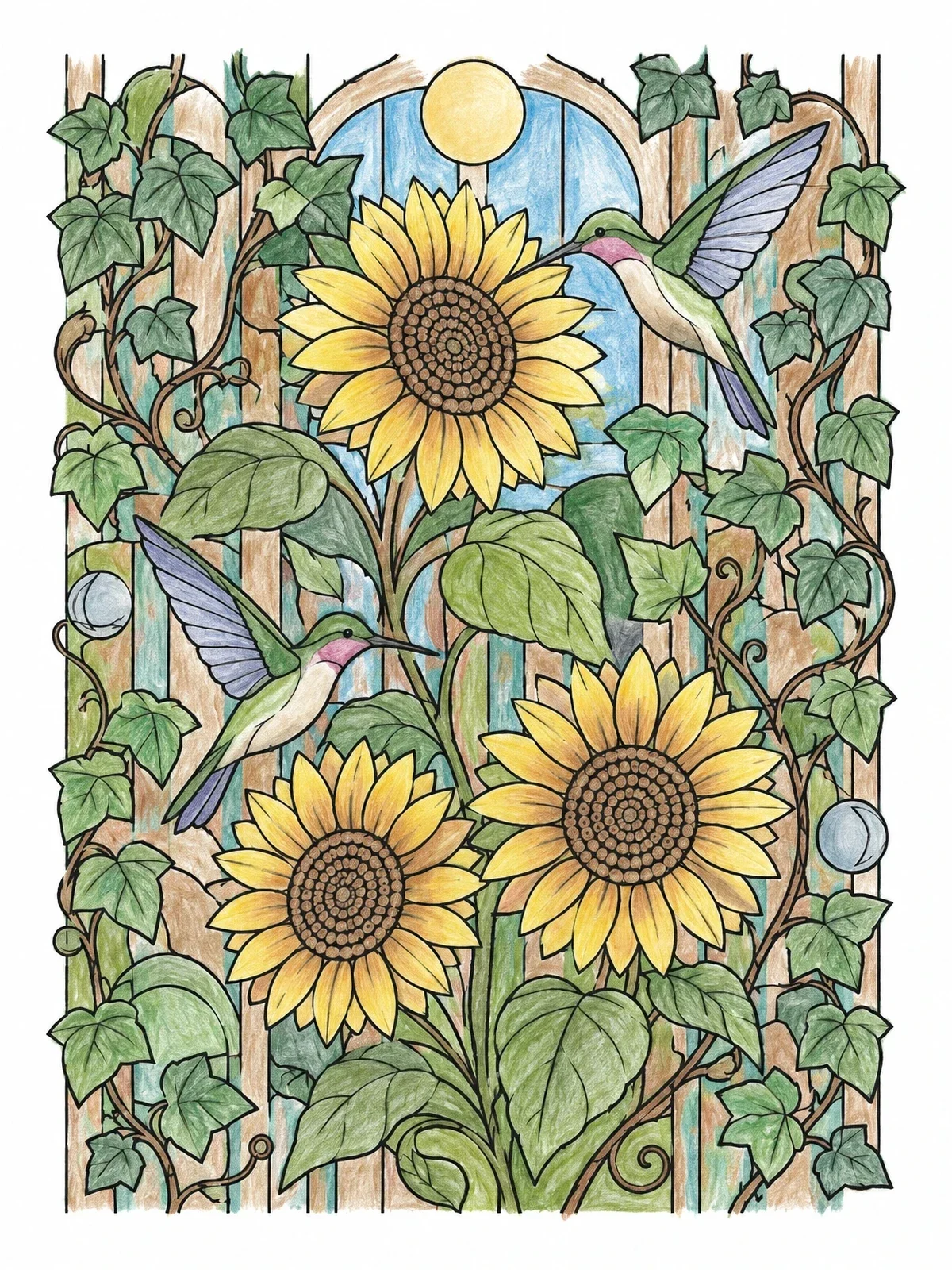 Colored example of the Sunflowers And Hummingbirds Garden Mural coloring page