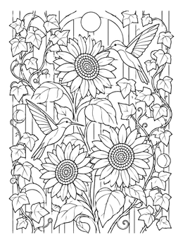 A detailed botanical garden mural coloring page featuring blooming sunflowers and flying hummingbirds.