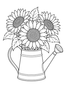 A rustic sunflower coloring page featuring blooming sunflowers arranged inside a metal watering can.