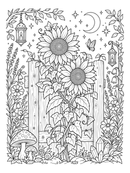 Detailed sunflower coloring page featuring two blooms, ivy, lanterns, and a crescent moon.