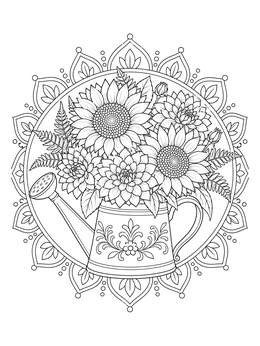 A detailed sunflower coloring page featuring blooms in a watering can framed by a mandala.