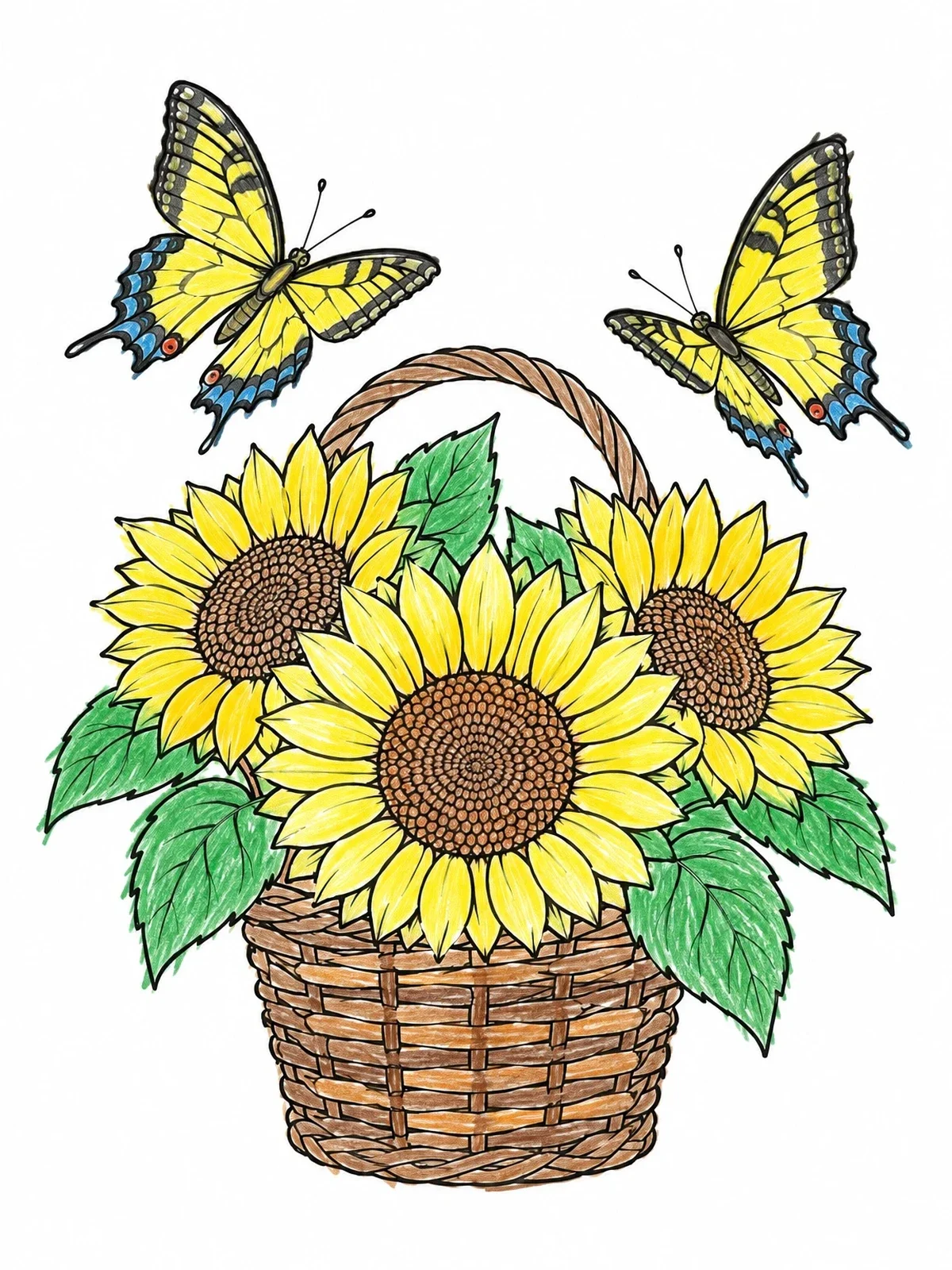 Colored example of the Sunflowers In Wicker Basket With Butterflies coloring page
