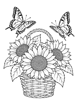 Sunflowers bloom in a flower basket coloring page with two swallowtail butterflies fluttering above.
