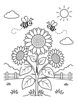 Free printable Sunflowers With Cheerful Honeybees coloring page