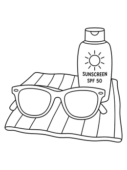A retro sunglasses coloring page resting on a striped beach towel with sunscreen.