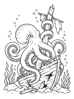 A giant octopus wraps around a shipwreck on this pirate ship coloring page.