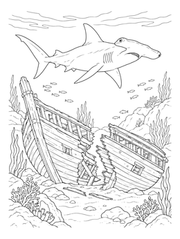 A hammerhead shark glides over a broken pirate ship coloring page on the ocean floor.