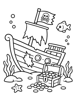 An underwater pirate ship coloring page with an open chest of gold coins and sea creatures.