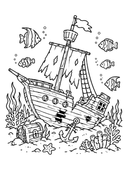 A cute sunken pirate ship coloring page resting on the seabed with tropical fish and a treasure chest.
