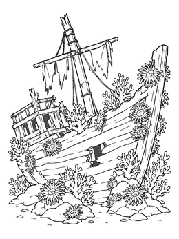 Free printable Sunken Shipwreck With Corals And Anemones coloring page