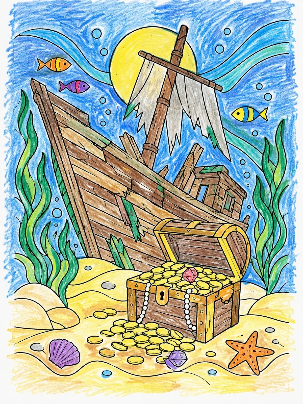 Colored example of the Sunken Shipwreck And Treasure Chest coloring page