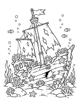Free printable Sunken Shipwreck With Starfish And Corals coloring page