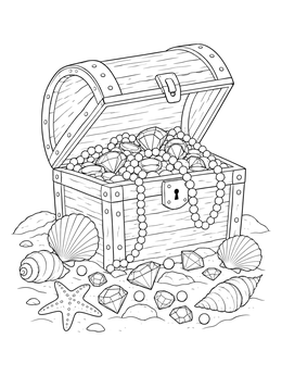 An open treasure chest filled with pearls on this jewels coloring page.