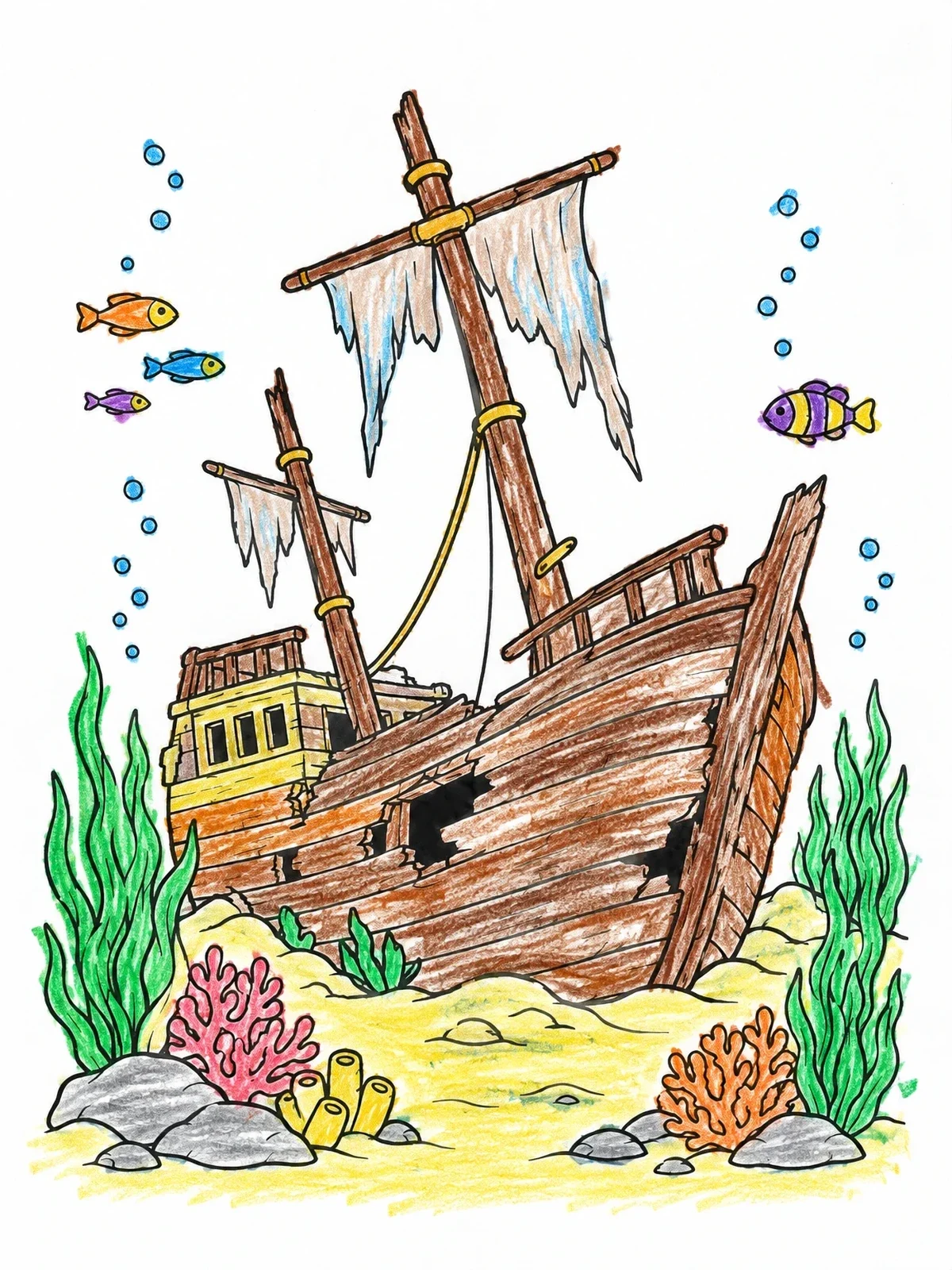 Colored example of the Sunken Wooden Shipwreck Underwater coloring page