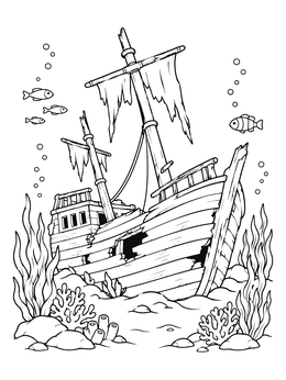 Free printable Sunken Wooden Shipwreck Underwater coloring page