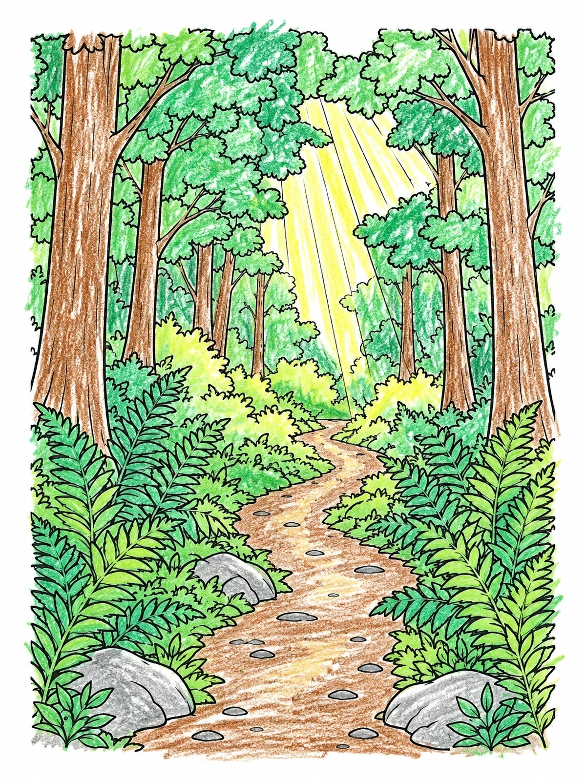 Colored example of the Sunlit Forest Path With Ferns coloring page